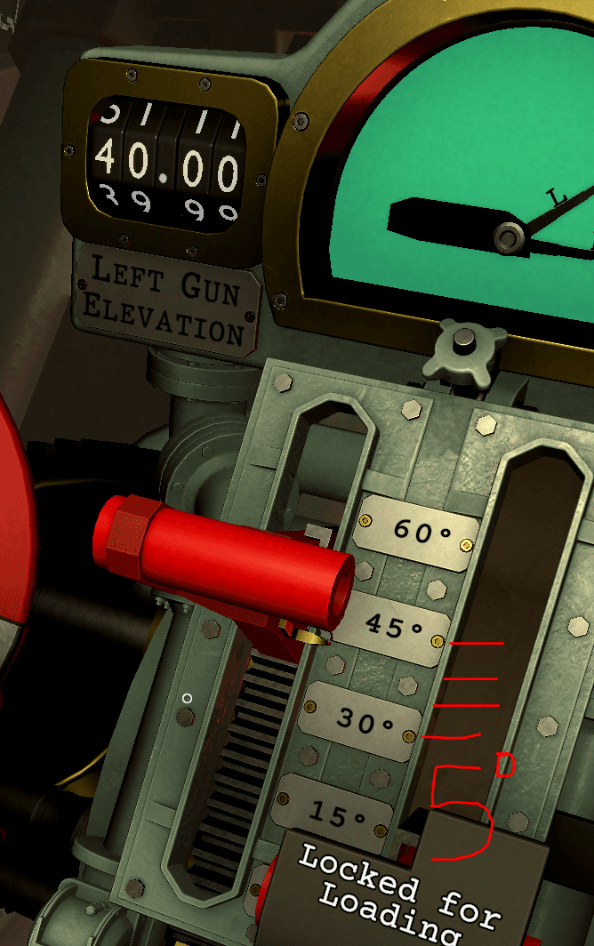Close-up of the elevation scale showing three five-degree steps between the 30- and 45-degree settings