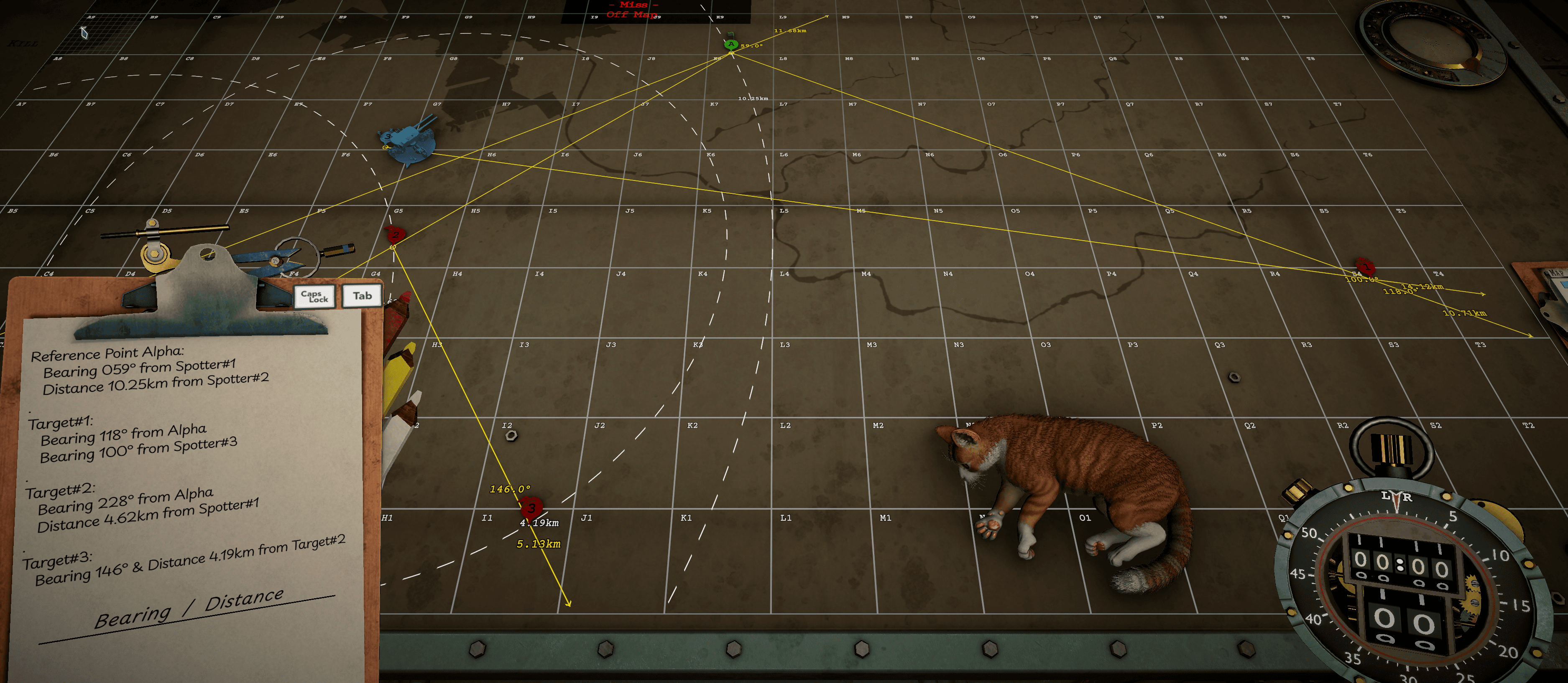 Tactical Map with reference points and target positions plotted from copied intelligence