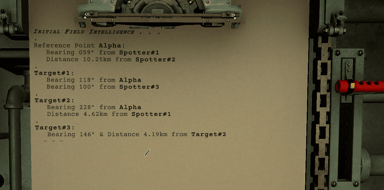 Field Reports machine displaying reference points and target intelligence