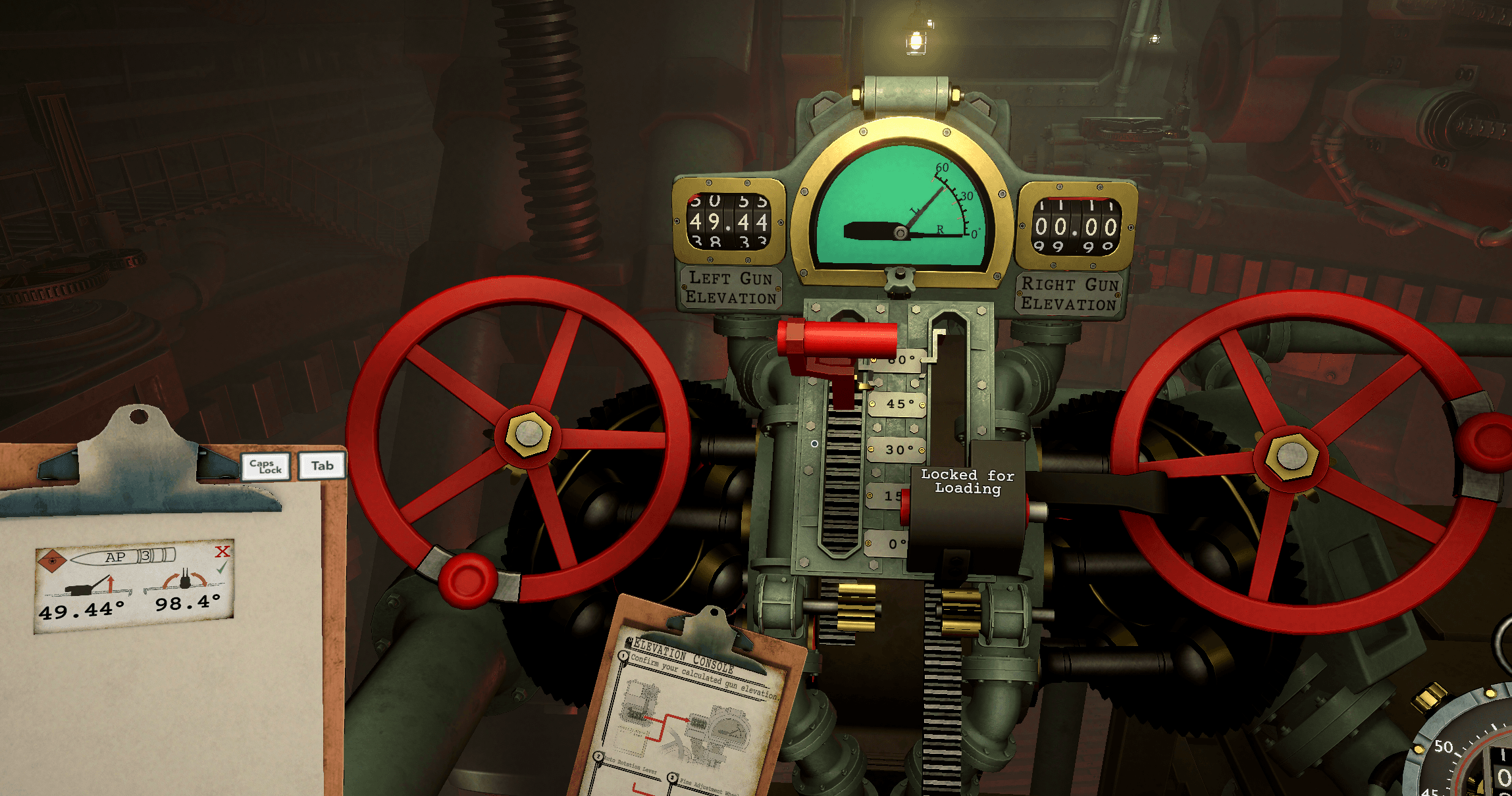 Iron Nest Elevation Console showing the centre lever, two handwheels and gun-elevation displays