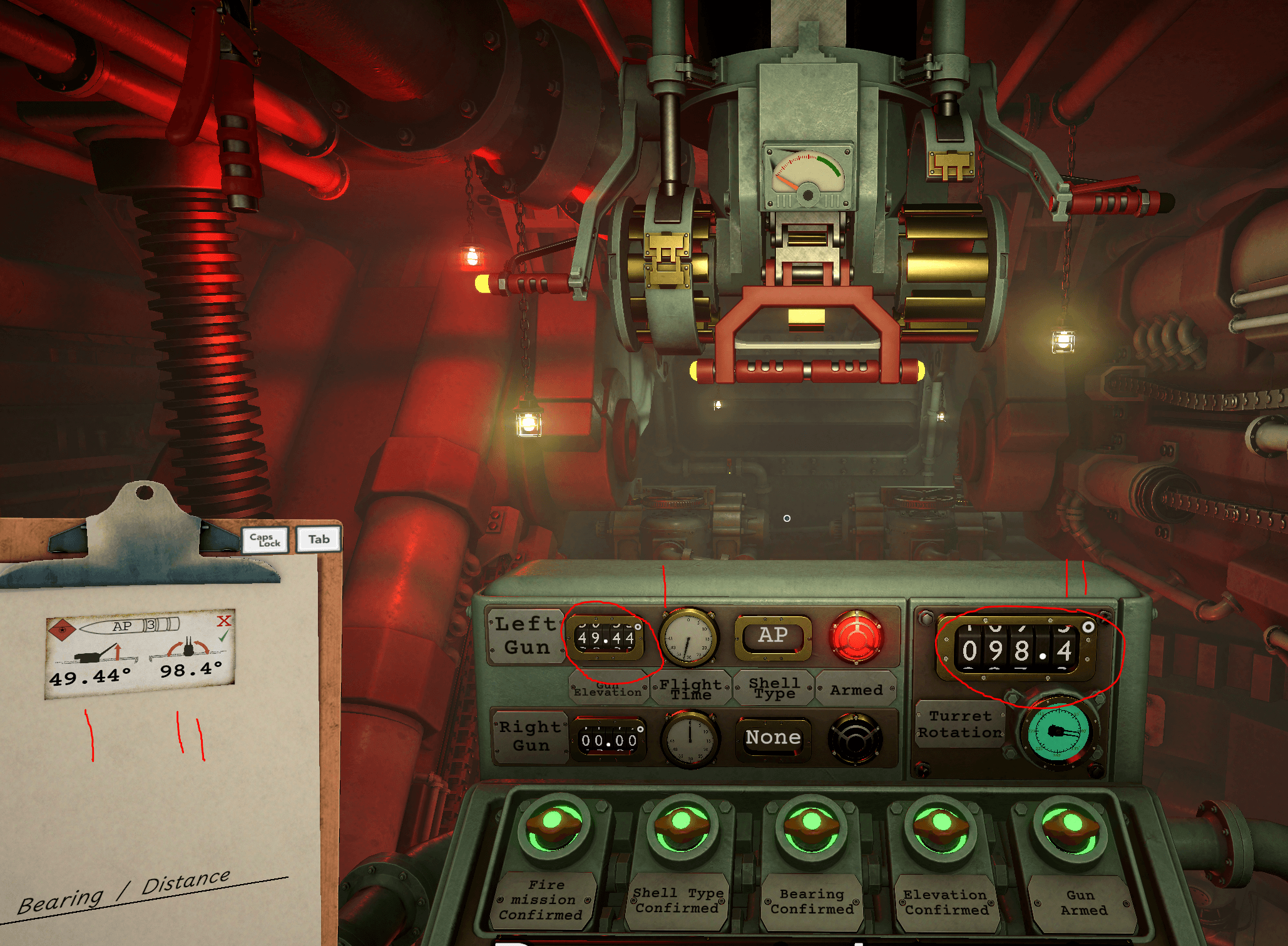 Iron Nest Fire Control Console showing the verification lights, armed gun and central firing lever