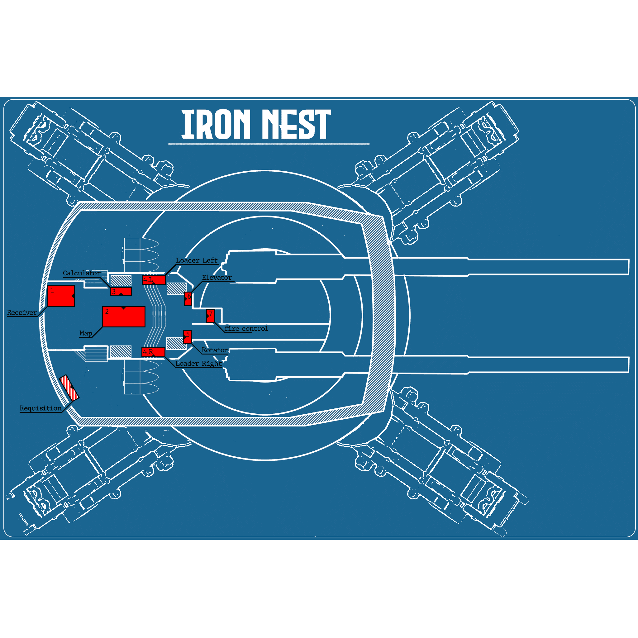 In-game Iron Nest layout showing its operator stations and four articulated legs