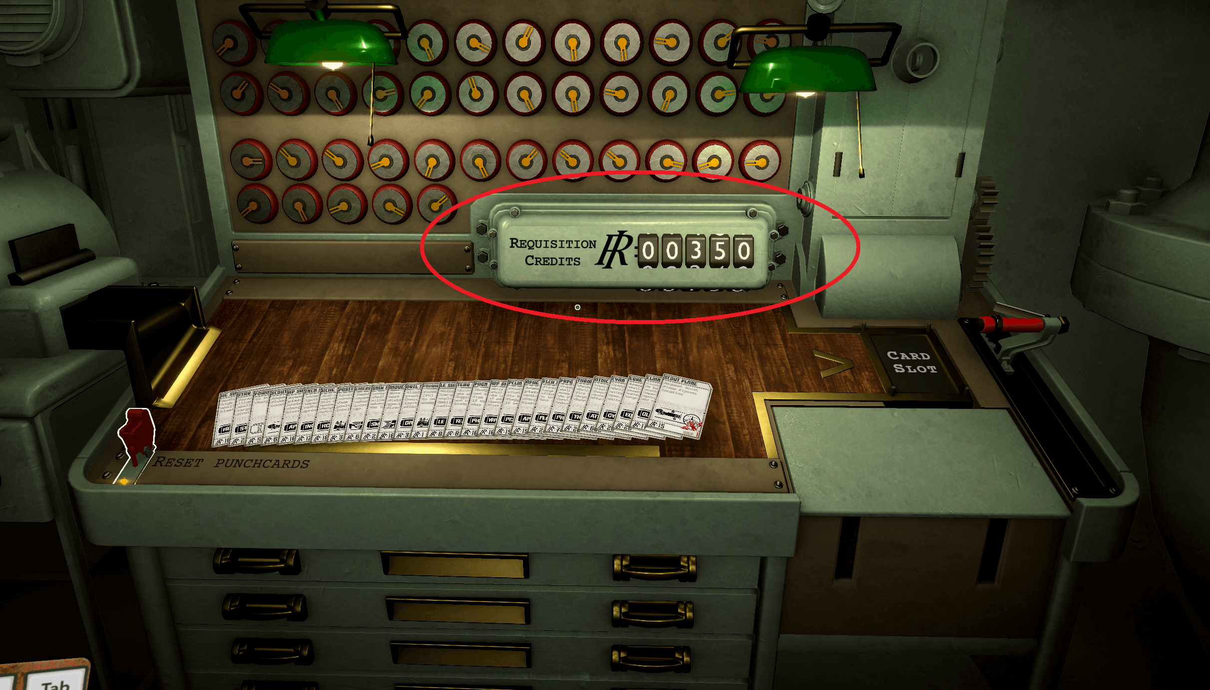 Requisition Table with the current Requisition Credit counter circled in red and showing 350 RC