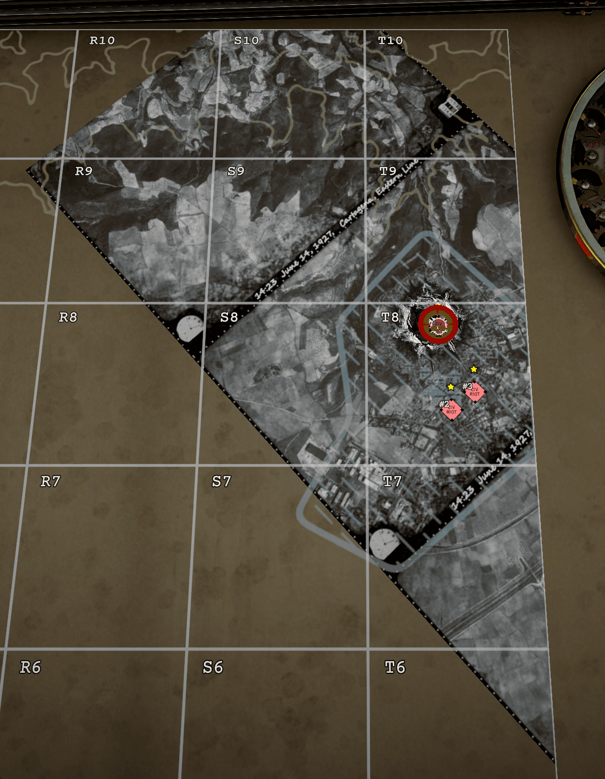 Three Scout Plane reconnaissance photographs placed around a shell impact on the Tactical Map