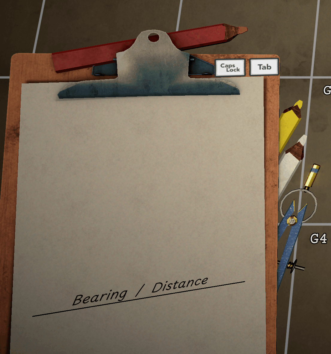 Red, yellow and white map pencils beside the compass drawing tool